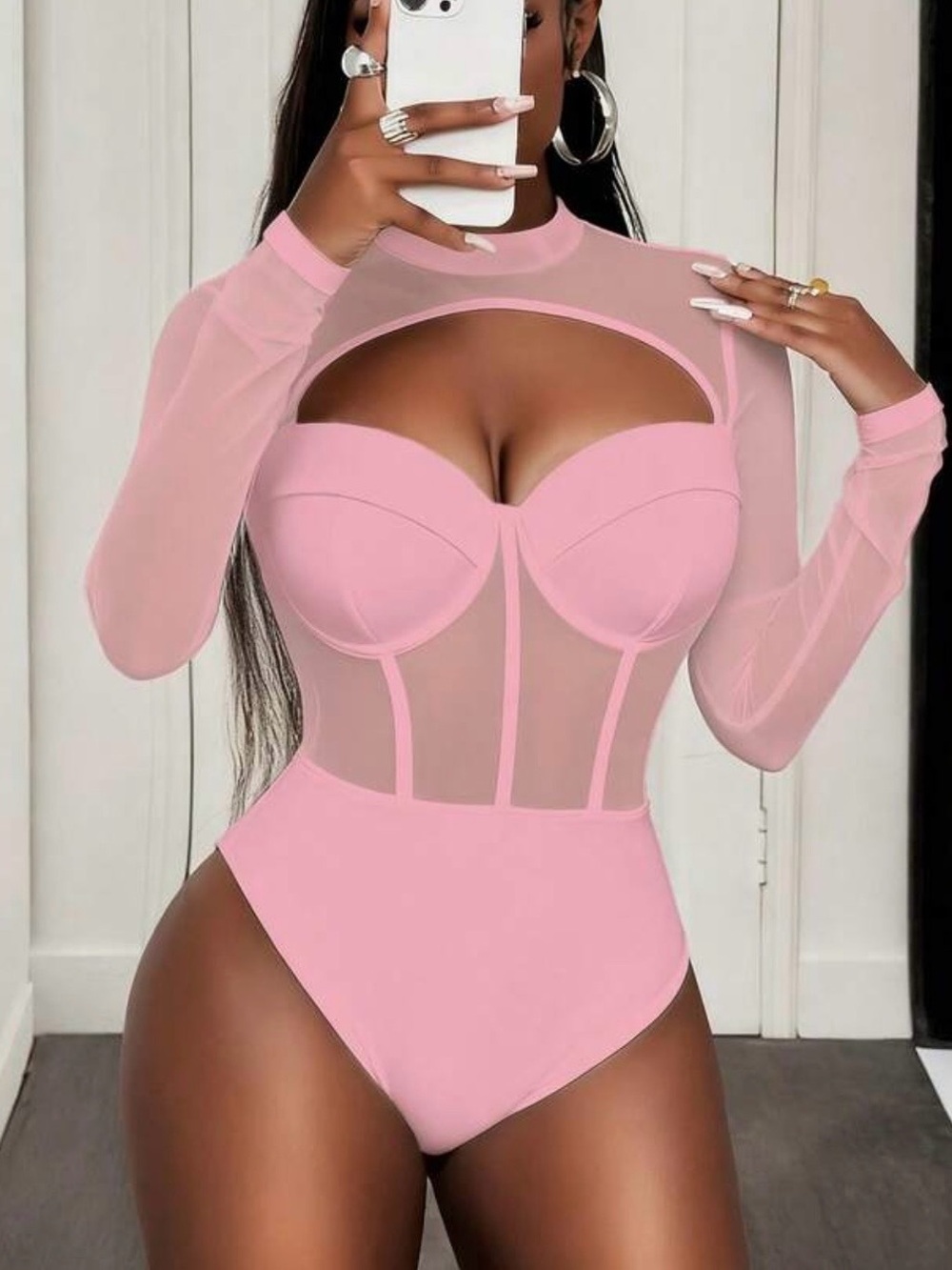 Black Sheer Mesh Long-Sleeve Bodysuit - Picture 6 of 6